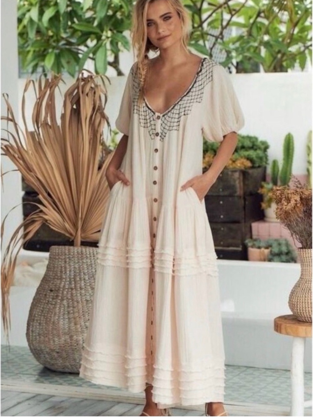 Free People Sunday Stroll Maxi Dress Puff Short Sleeves Button Front Small